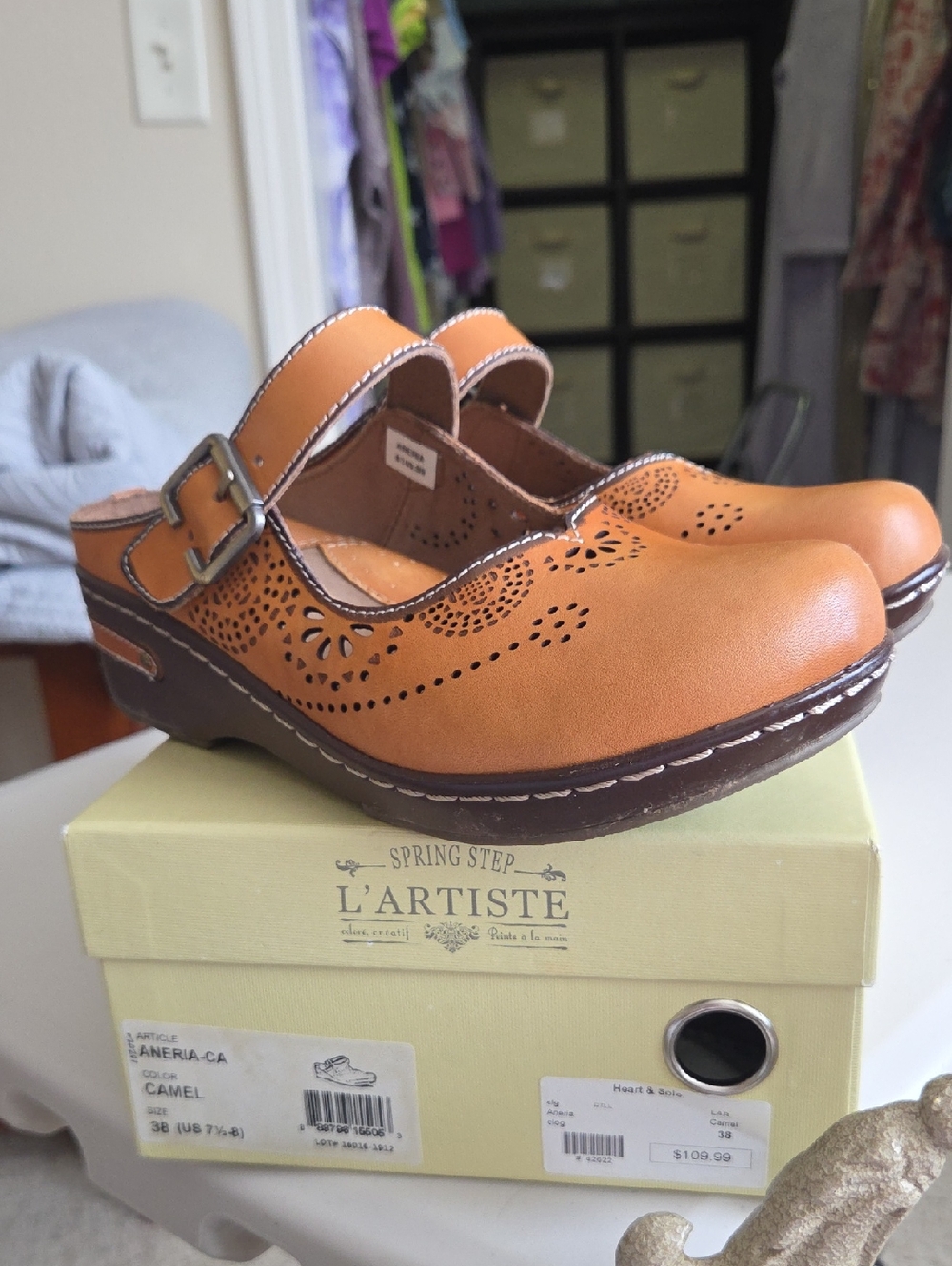 L'ATISTE Camel Perforated Leather Mary Jane Clogs